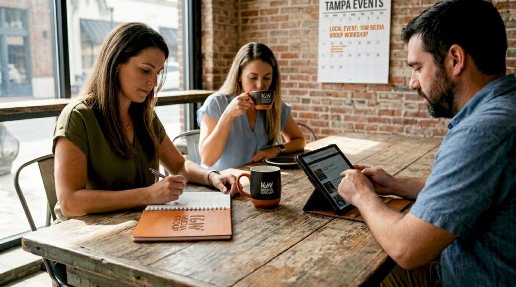 Tampa business owners connecting over coffee in café