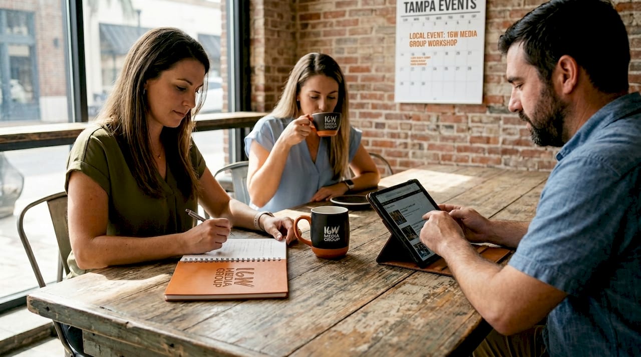 Tampa business owners connecting over coffee in café