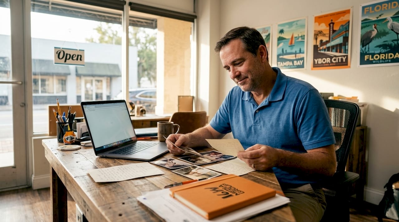 Tampa business owner reviews photos in office