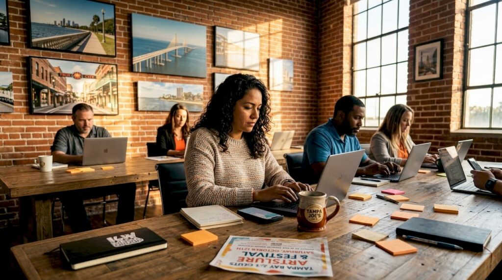Tampa business owners collaborating in coworking space