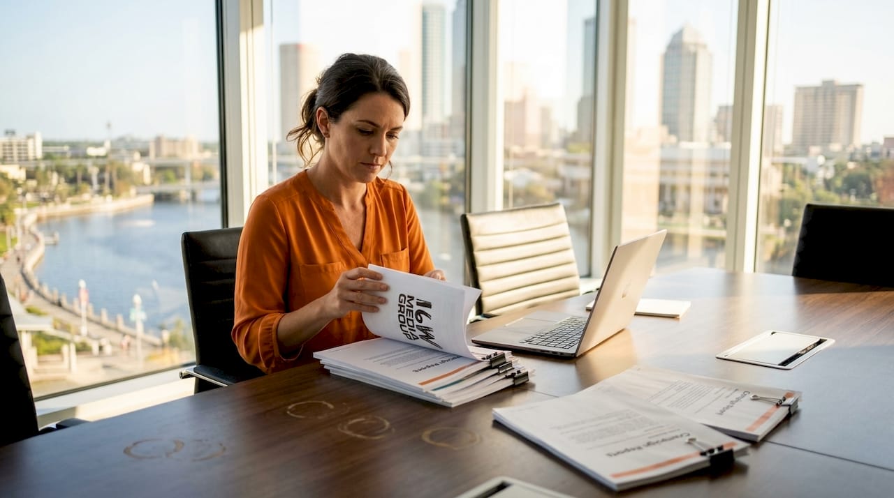 Marketing manager reviewing reports in Tampa office