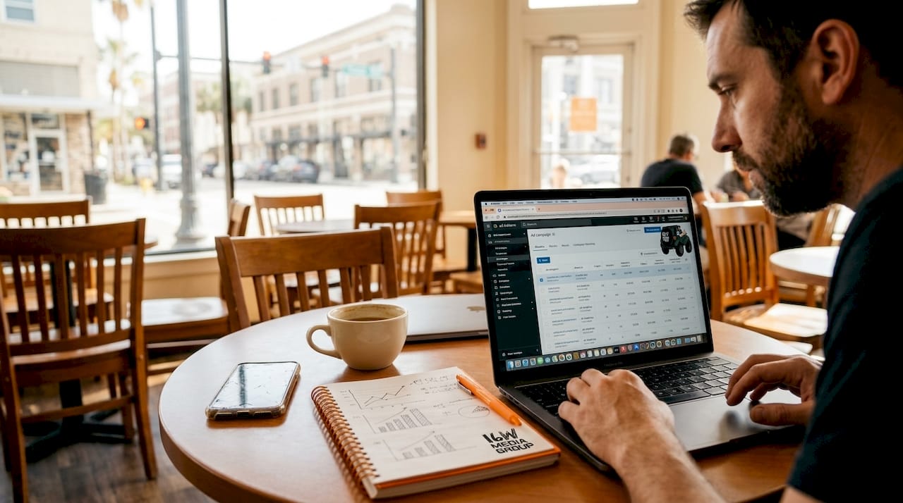 Small business owner reviewing ad results in café