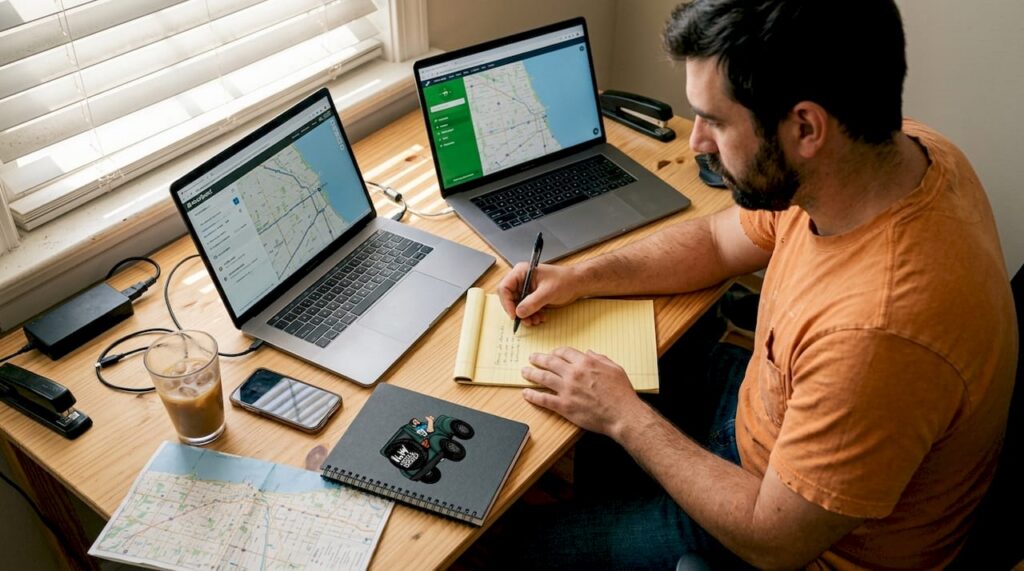 Man comparing maps on laptops at desk