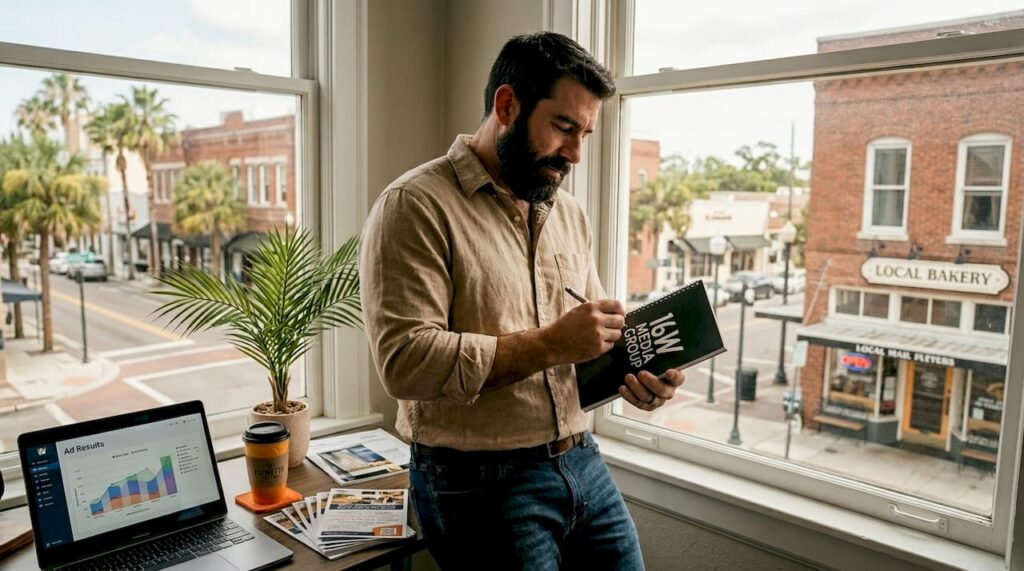 Tampa business owner planning ads by window