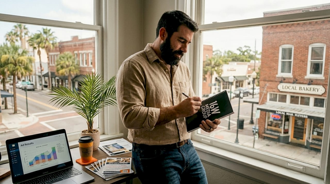 Tampa business owner planning ads by window
