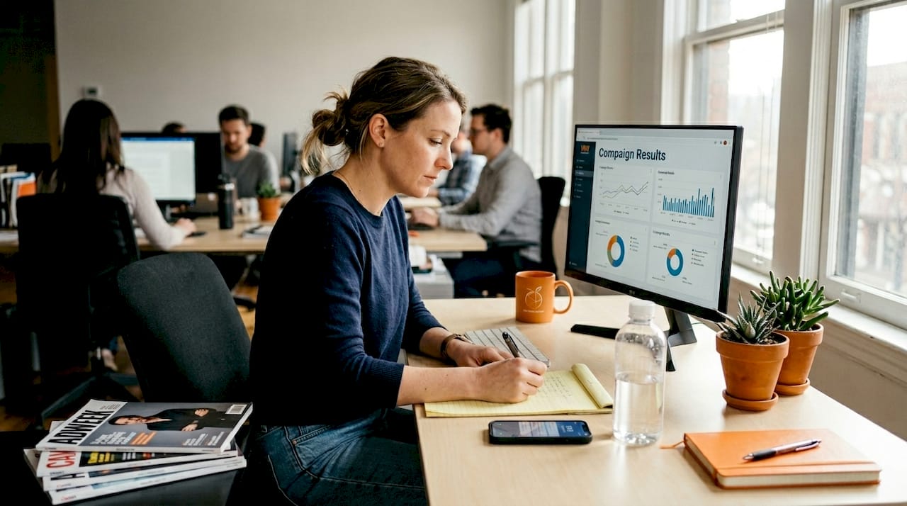 Marketing professional analyzing campaign results at agency desk