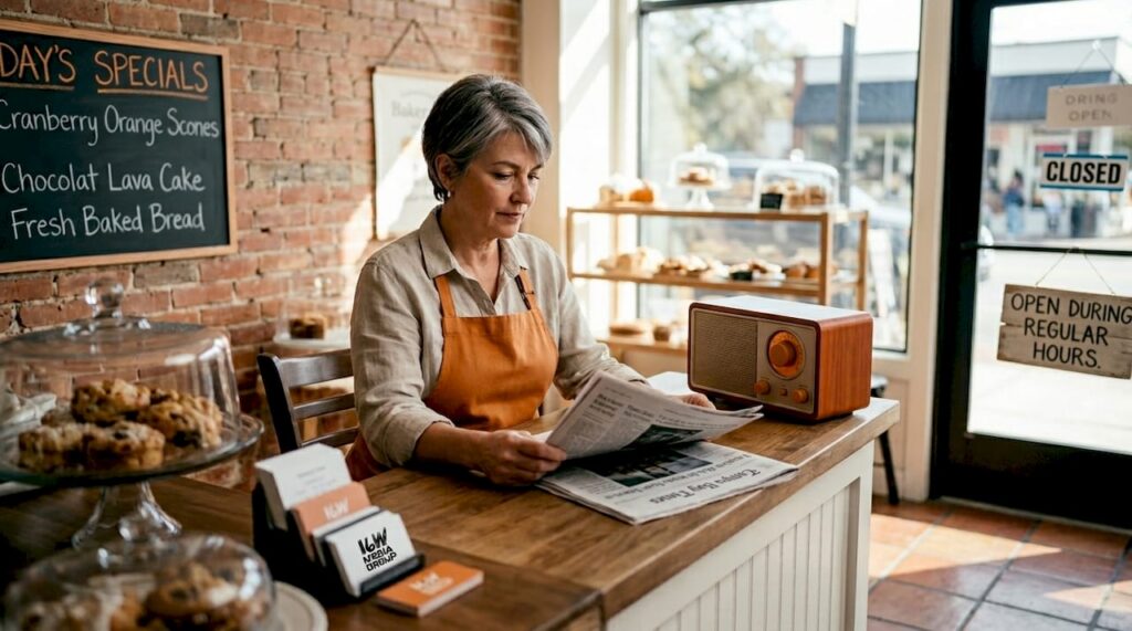 Bakery owner reading newspaper and listening radio