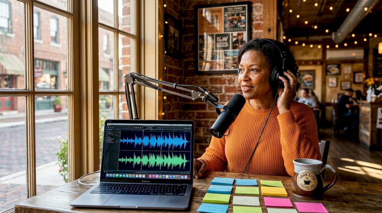 Woman recording Tampa podcast in office