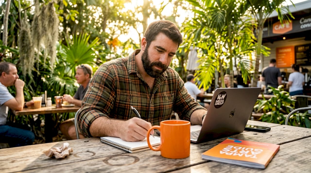 Tampa business owner making media plan in café