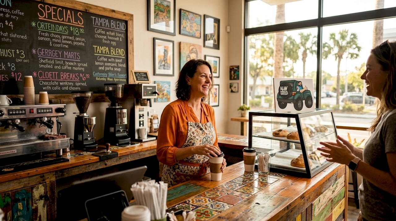 Business owner connecting with customer in café