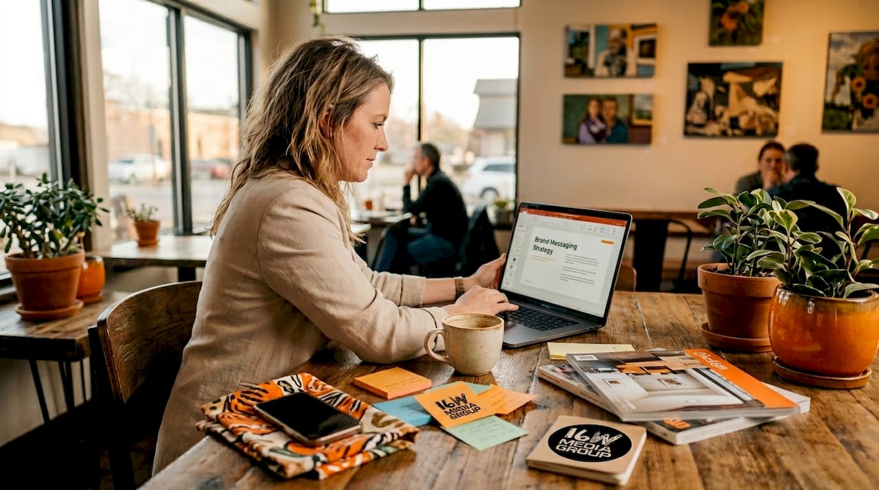 Strategist analyzing brand messaging in office