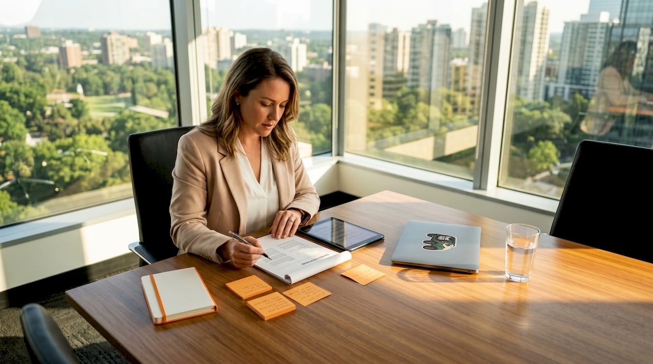 Woman reviewing media strategy notes in office