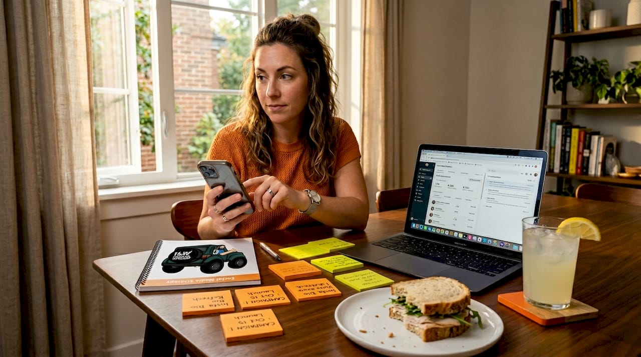 Small business owner planning social ads at kitchen table