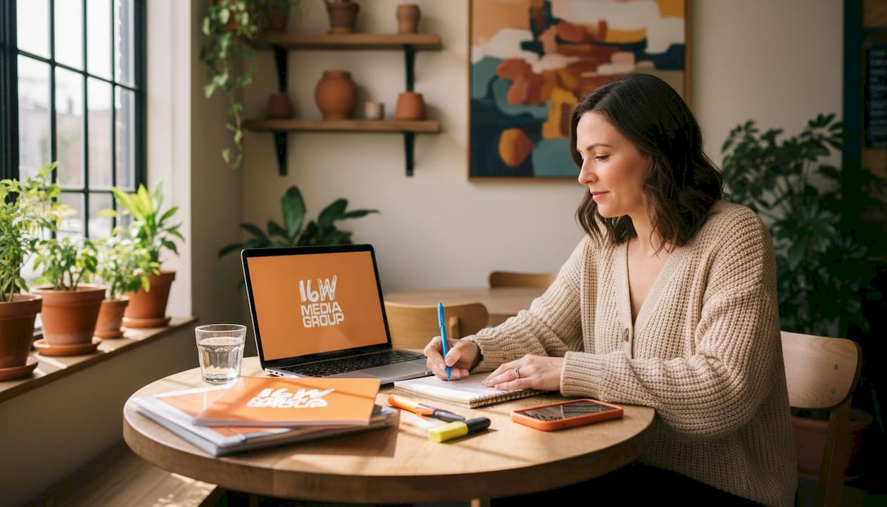 Brand manager planning media mix at agency table