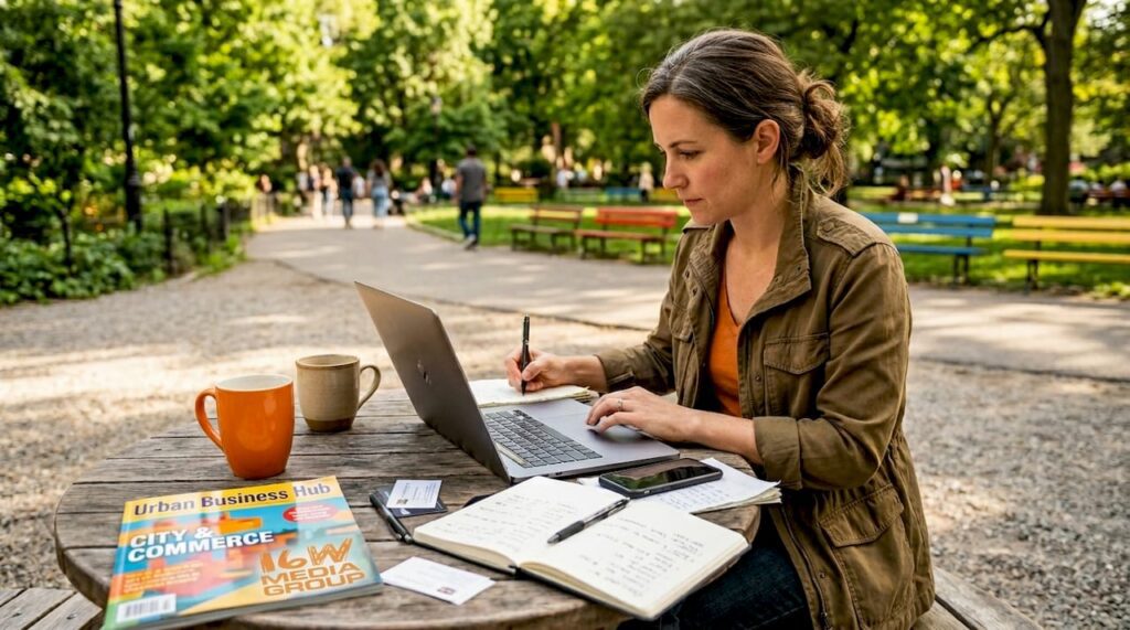 Business owner reviews media plans in café