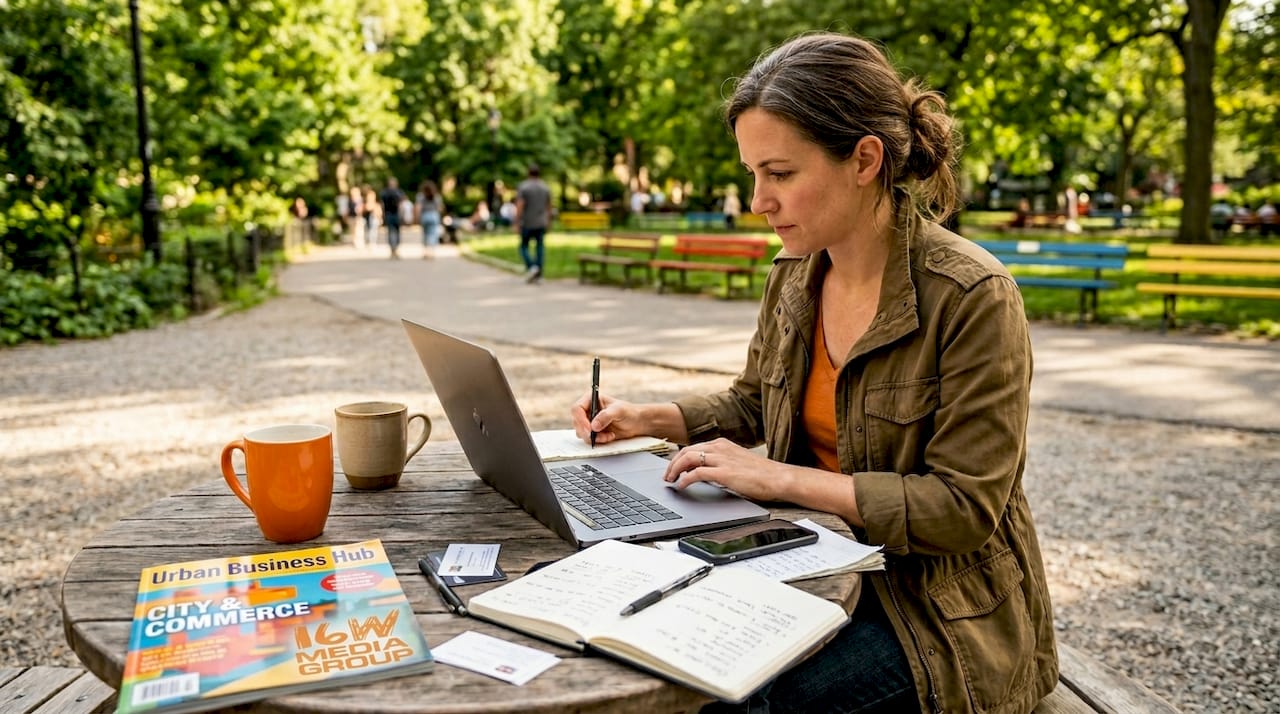 Business owner reviews media plans in café