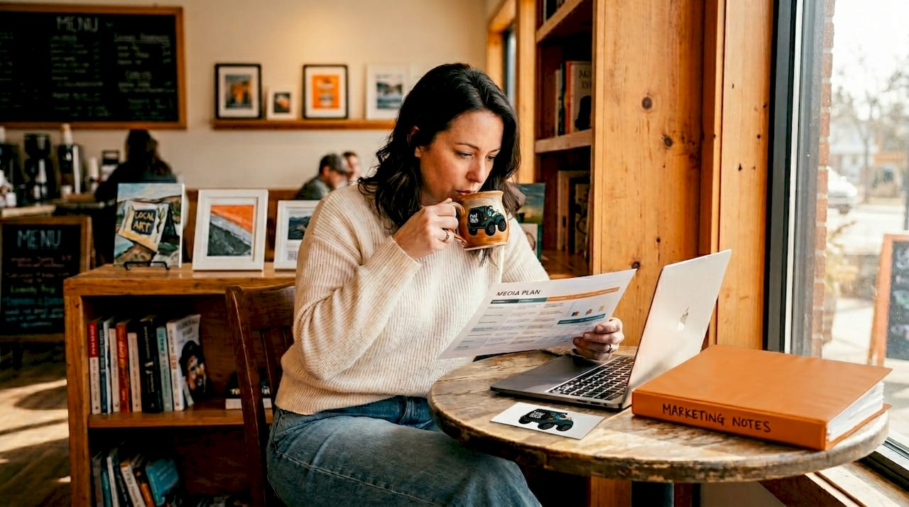 Business owner working on media plan in café