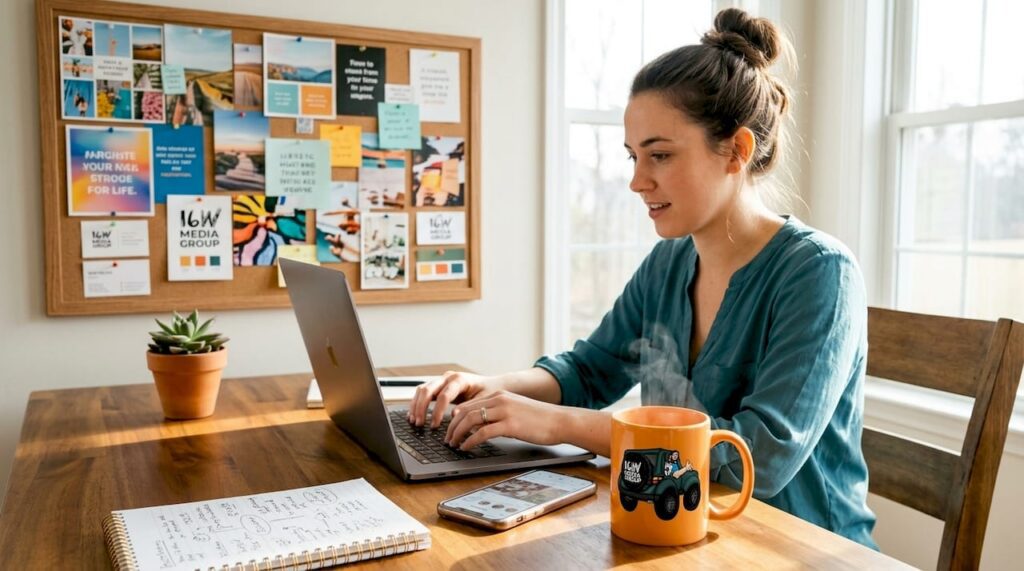 Entrepreneur managing social media at home office