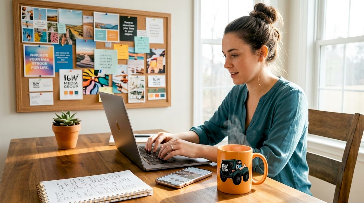 Entrepreneur managing social media at home office