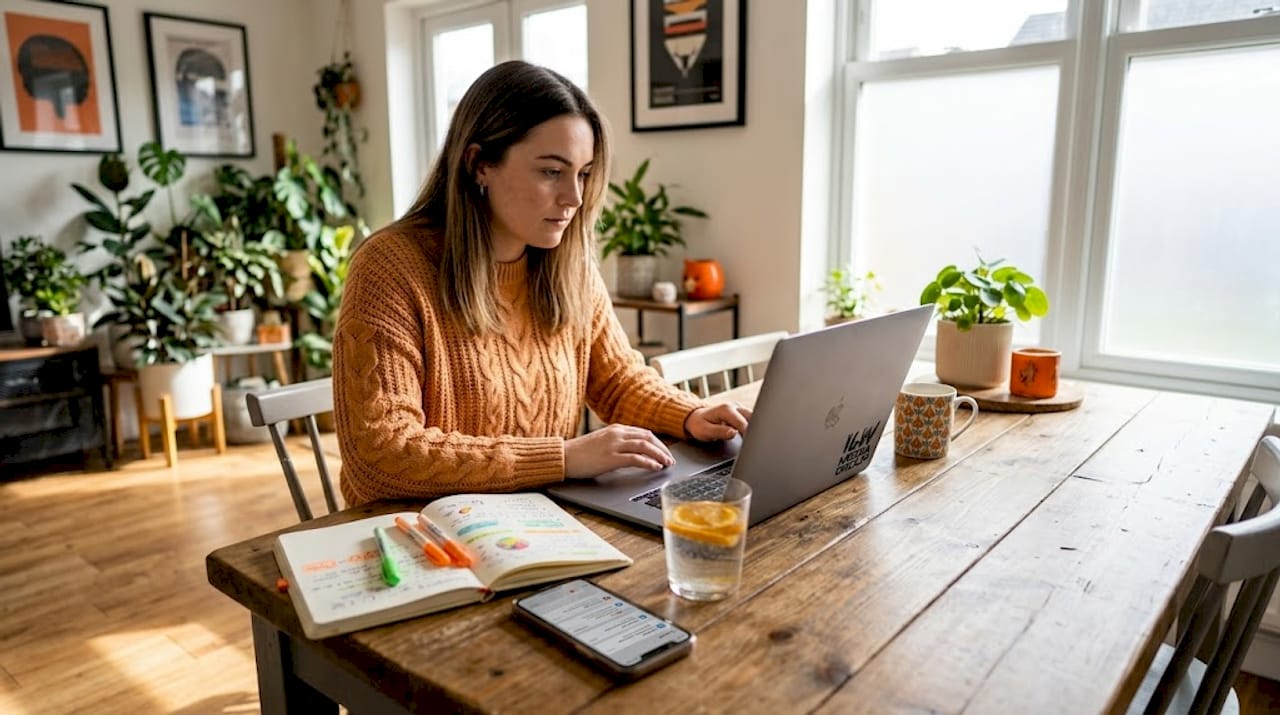 Marketer reviewing audience segments at home workspace