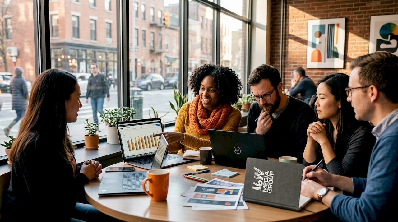 Marketing team collaborating in coworking space