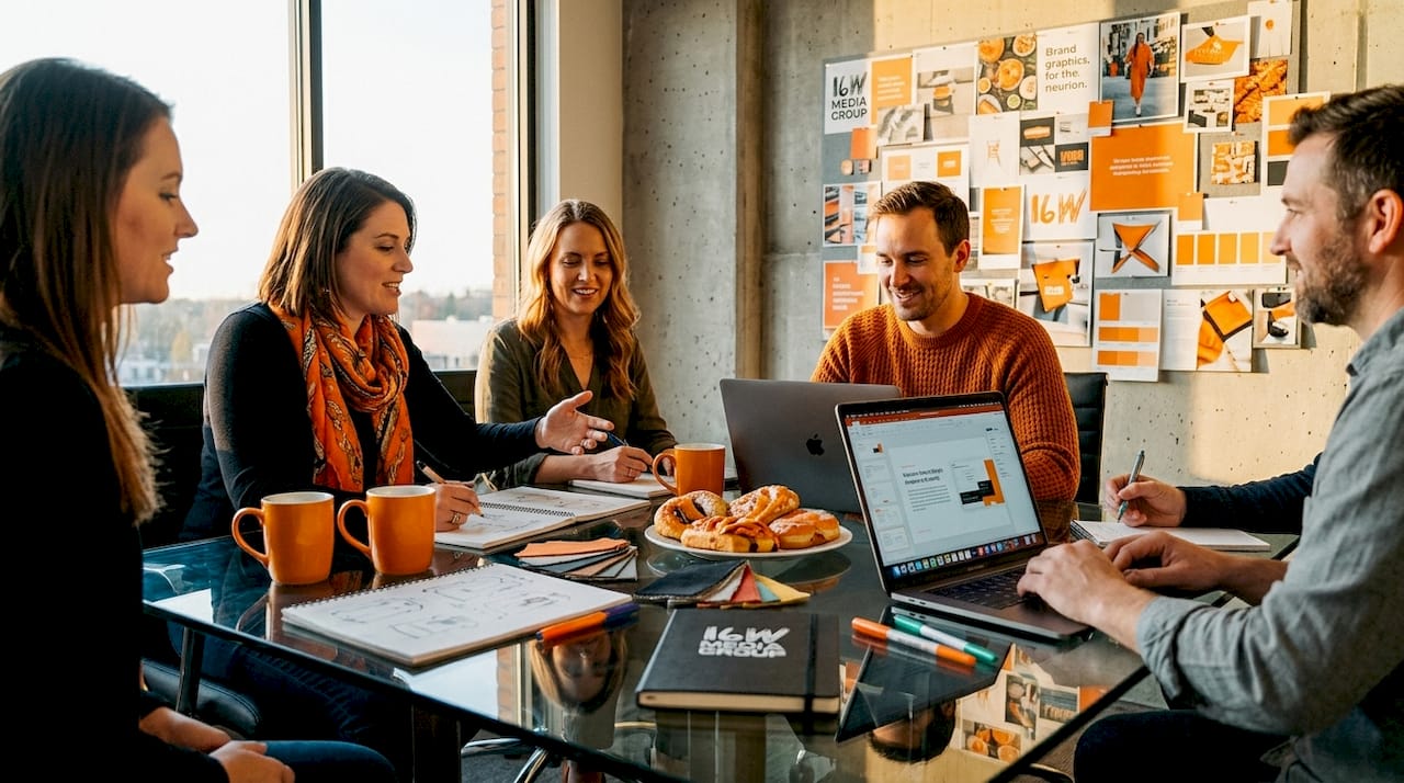 Branding agency team in office meeting