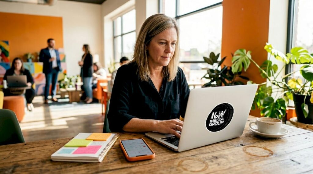 Content strategist working in café