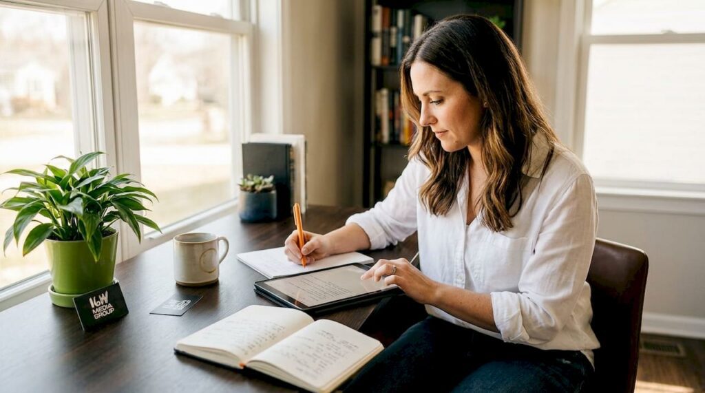 Marketer reviewing branding strategy in home office