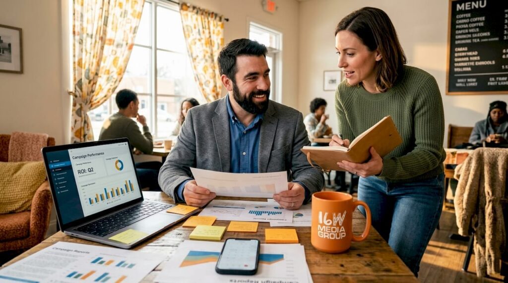 Marketing specialist reviewing campaigns in bright workspace