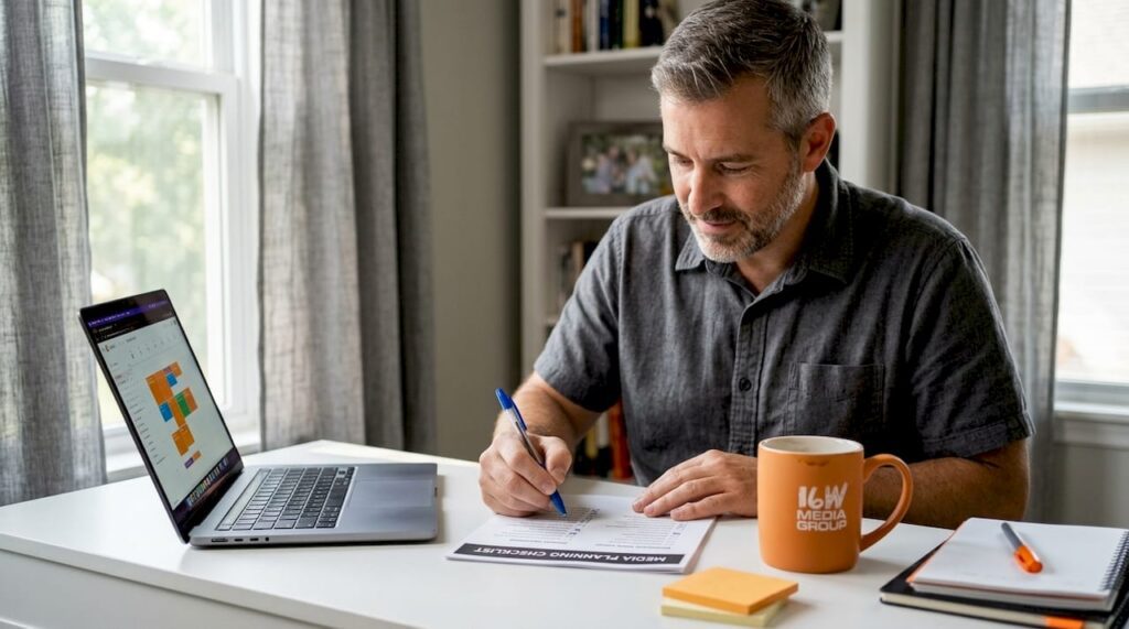 Marketing manager reviewing media planning checklist