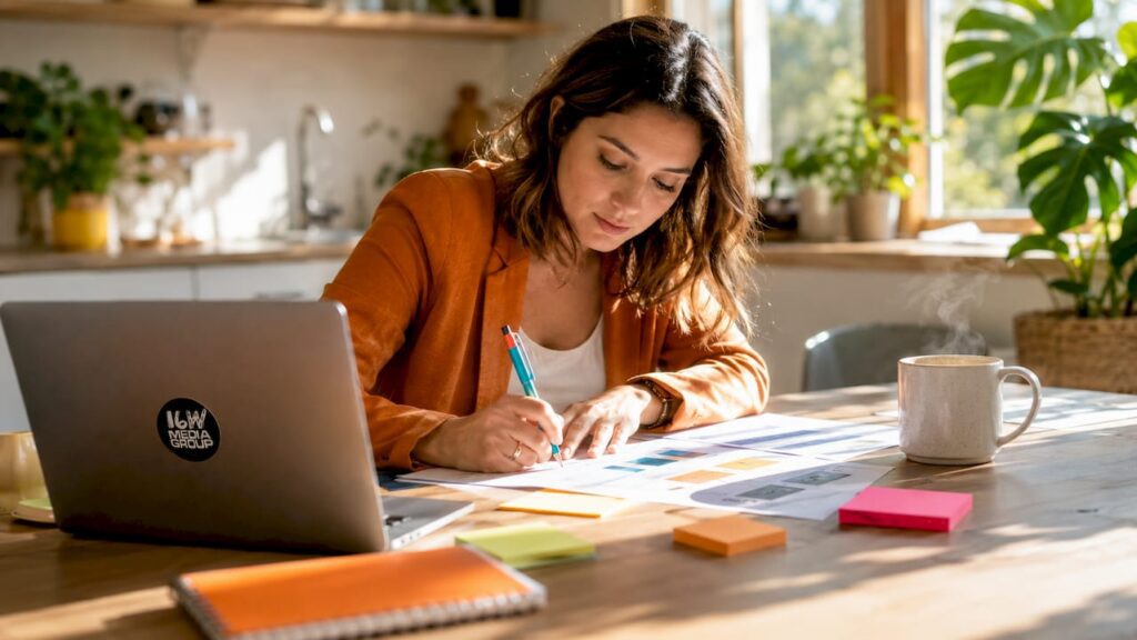 Marketing strategist reviewing brand publishing documents