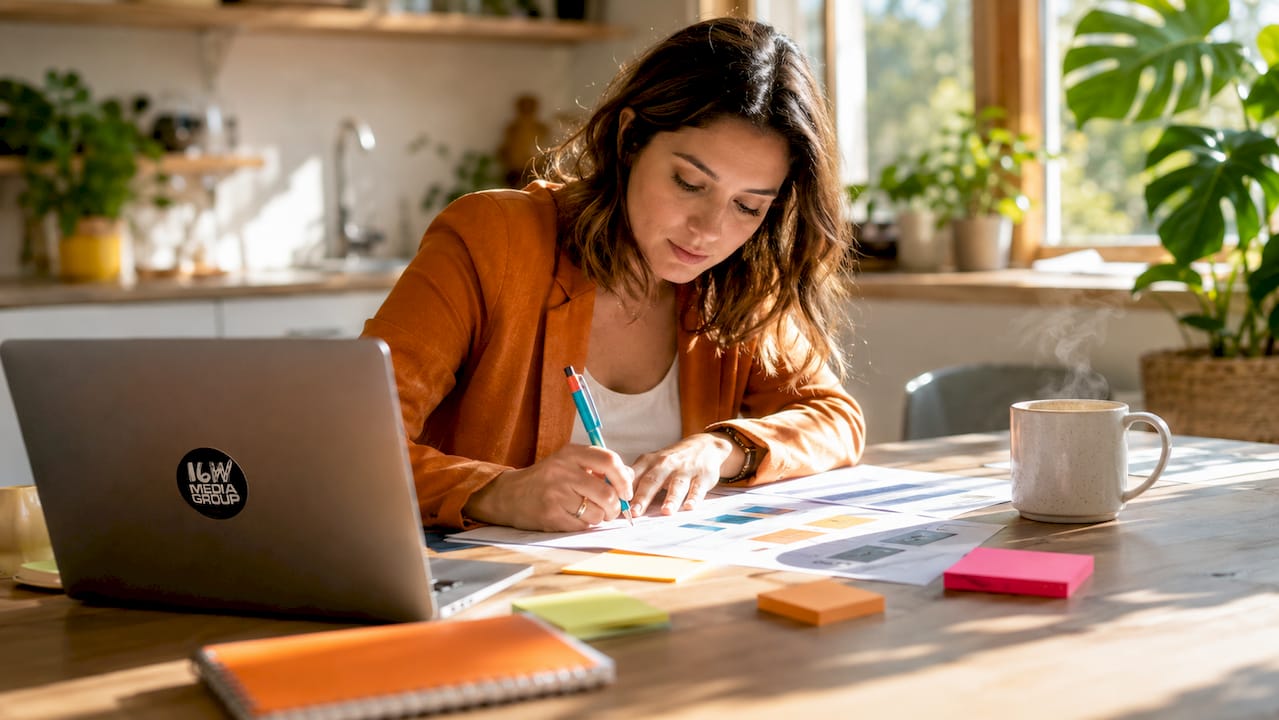 Marketing strategist reviewing brand publishing documents