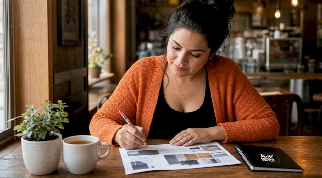 Small business owner reviewing advertising package brochure