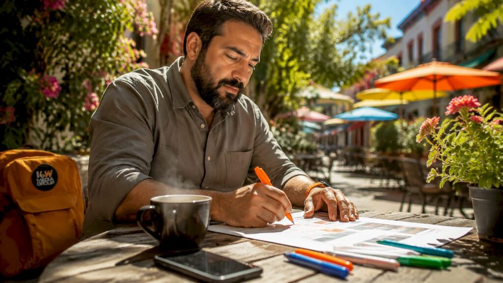 Man reviewing marketing plan at café table