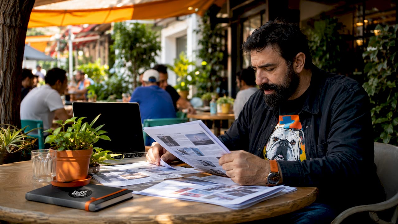 Media professional reviewing printed newspaper pages