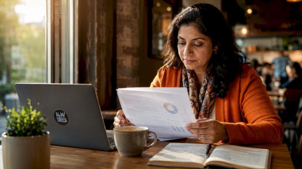 Business consultant reviewing marketing reports at desk