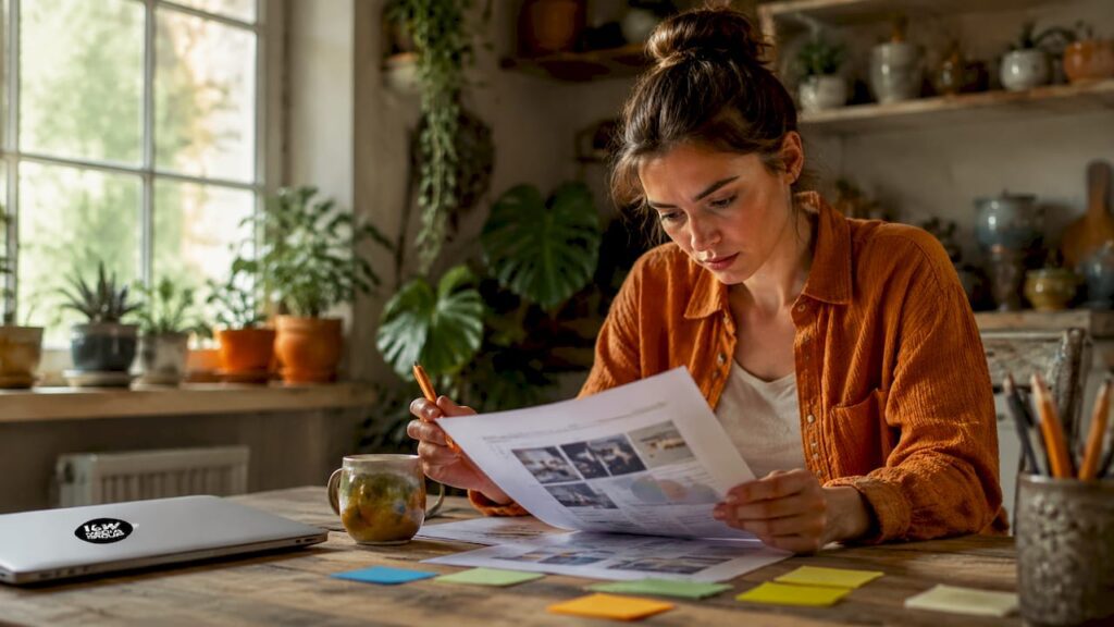 Marketer reviewing printed multimedia strategy plan