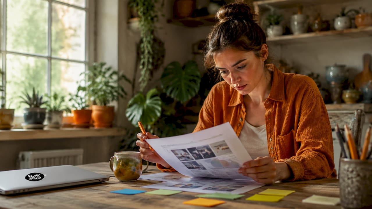 Marketer reviewing printed multimedia strategy plan