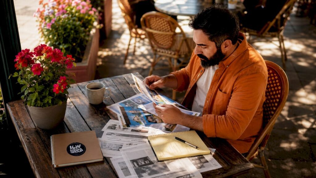 Marketer reviewing traditional print media materials