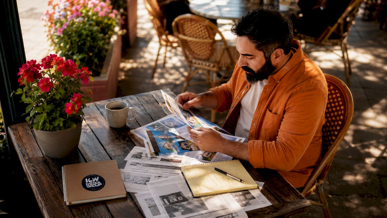 Marketer reviewing traditional print media materials