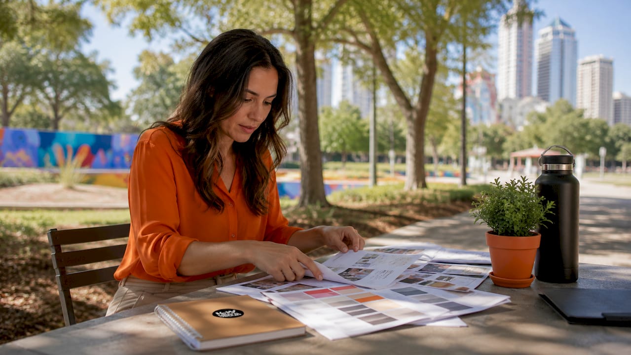 Entrepreneur reviewing branding materials in café