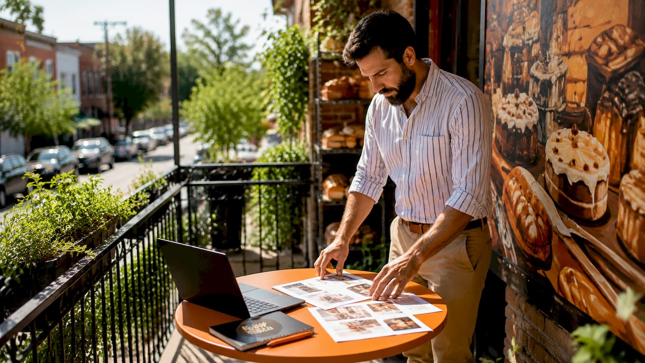 Business owner reviewing local ads on porch