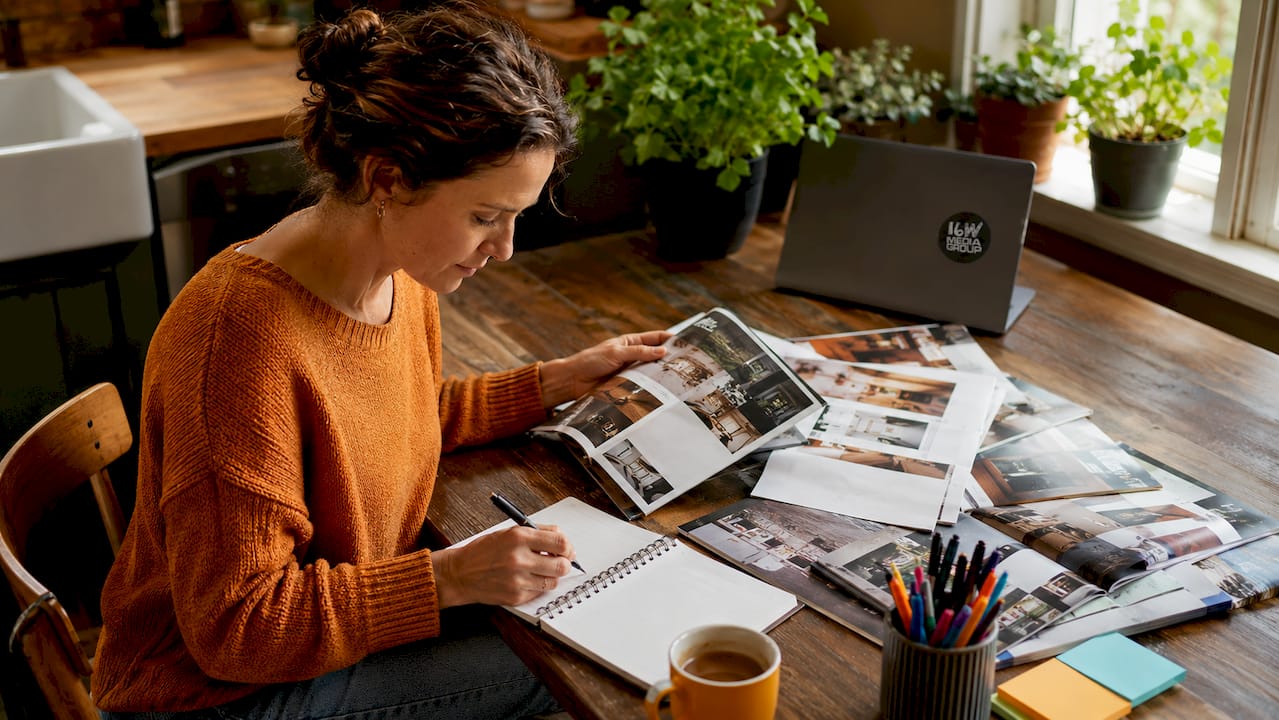 Marketing professional reviewing magazines at desk