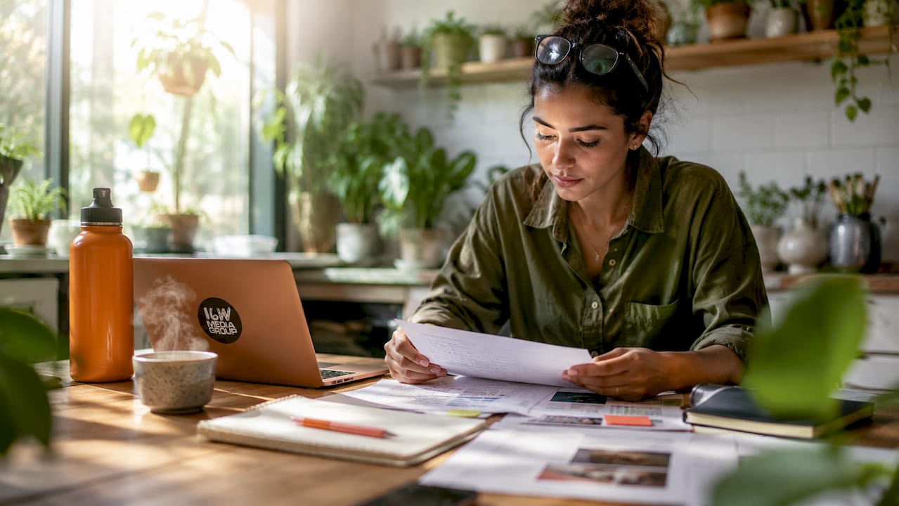 Marketer reviewing brand persona materials at desk