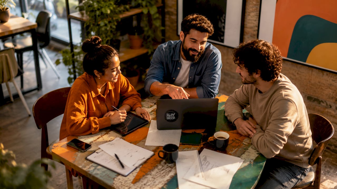 Multicultural marketing team collaborating in office