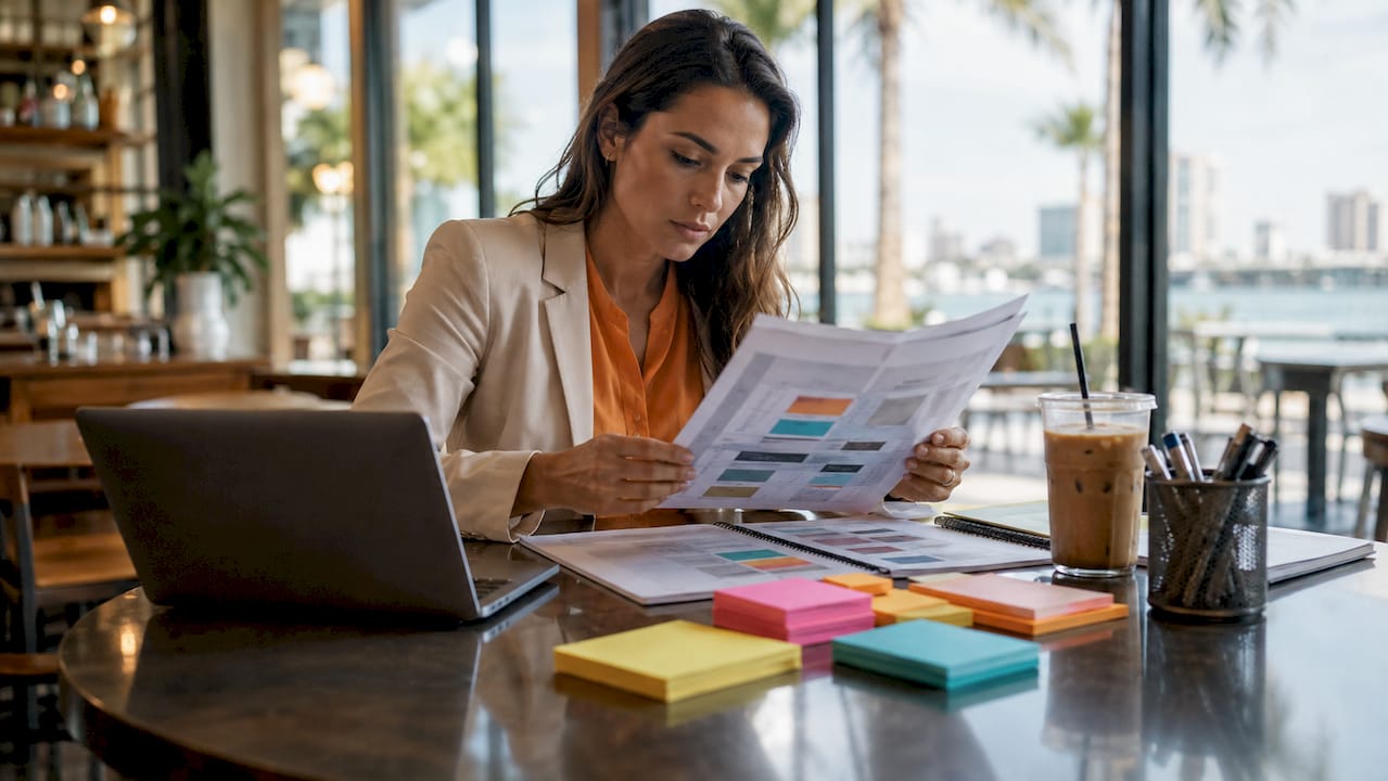 Media planner reviewing local advertising strategy documents