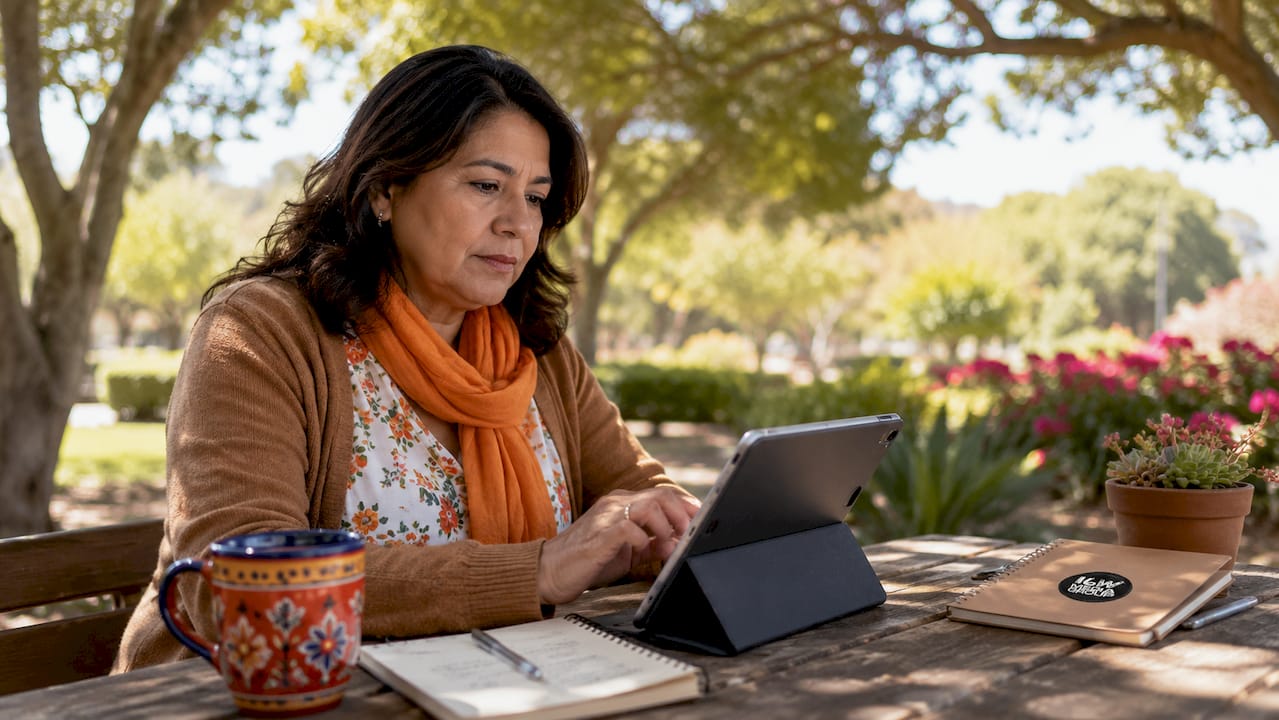 Woman curating community content on tablet