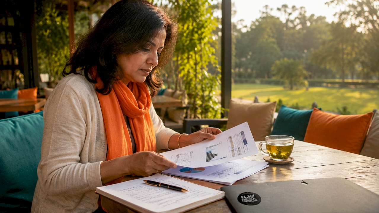 Woman reviewing local digital media metrics at café