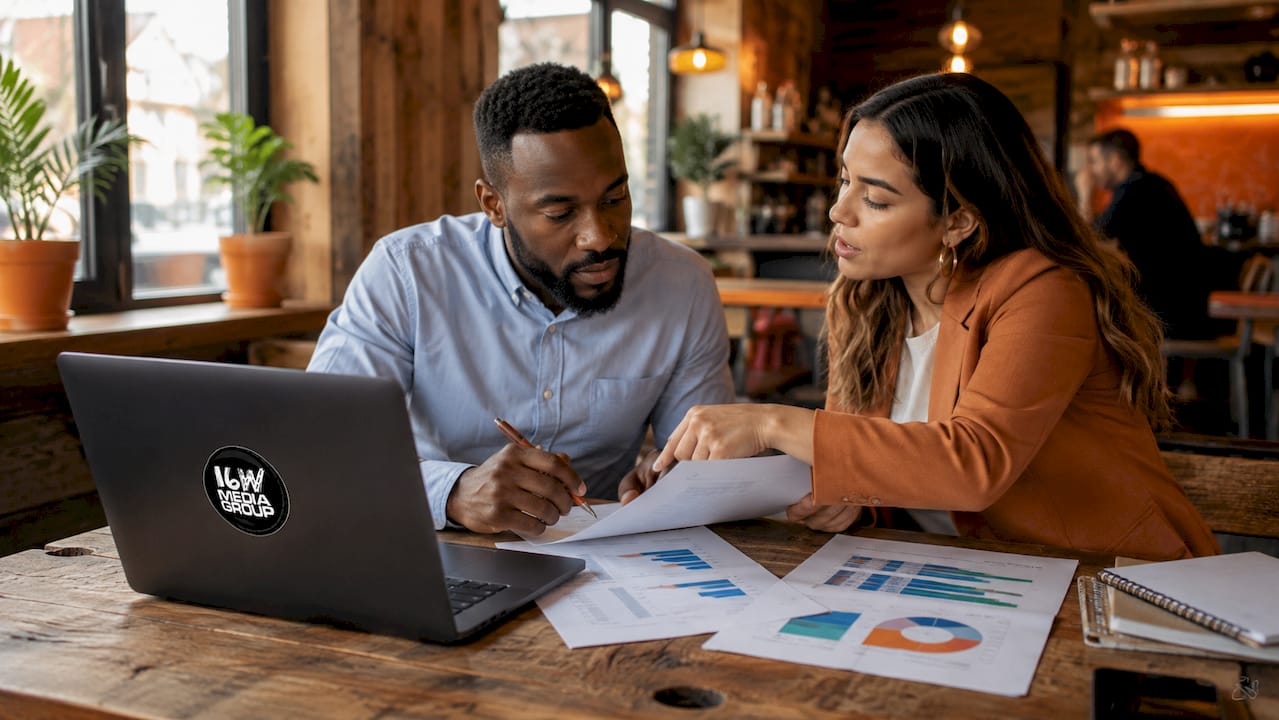Two professionals discussing local media conversion rates