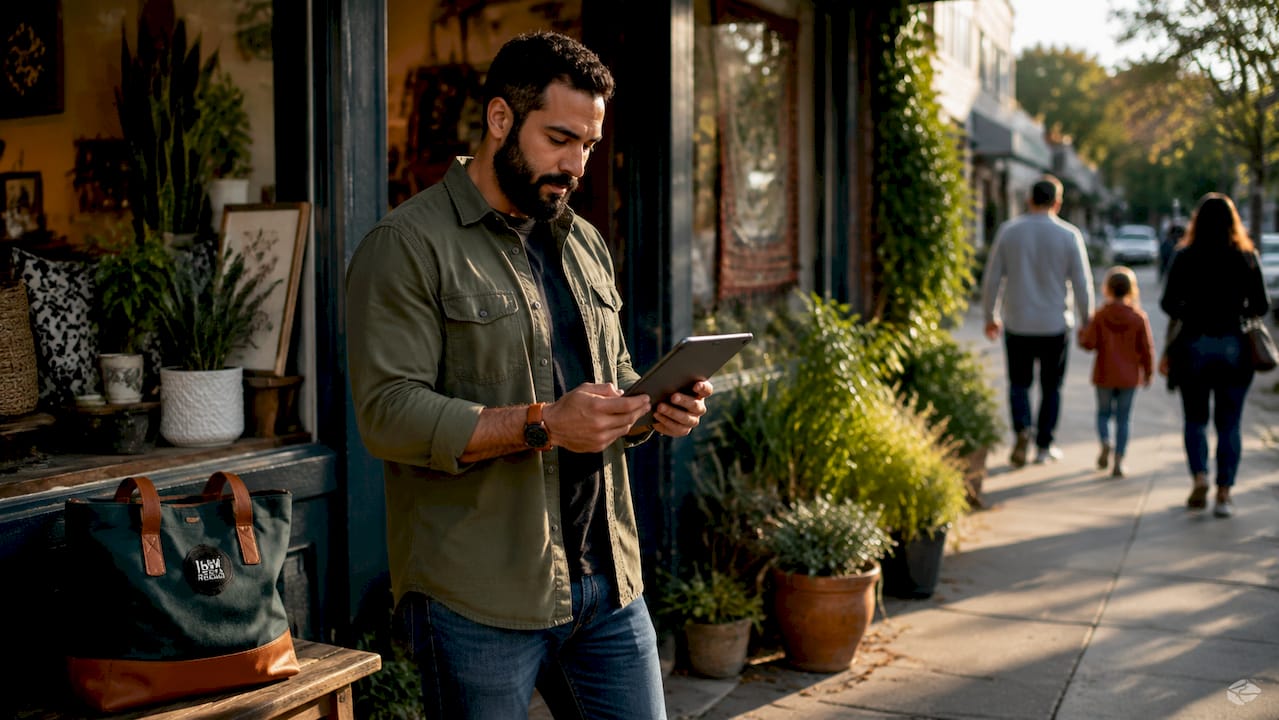 Small business owner checking customer reviews outside shop